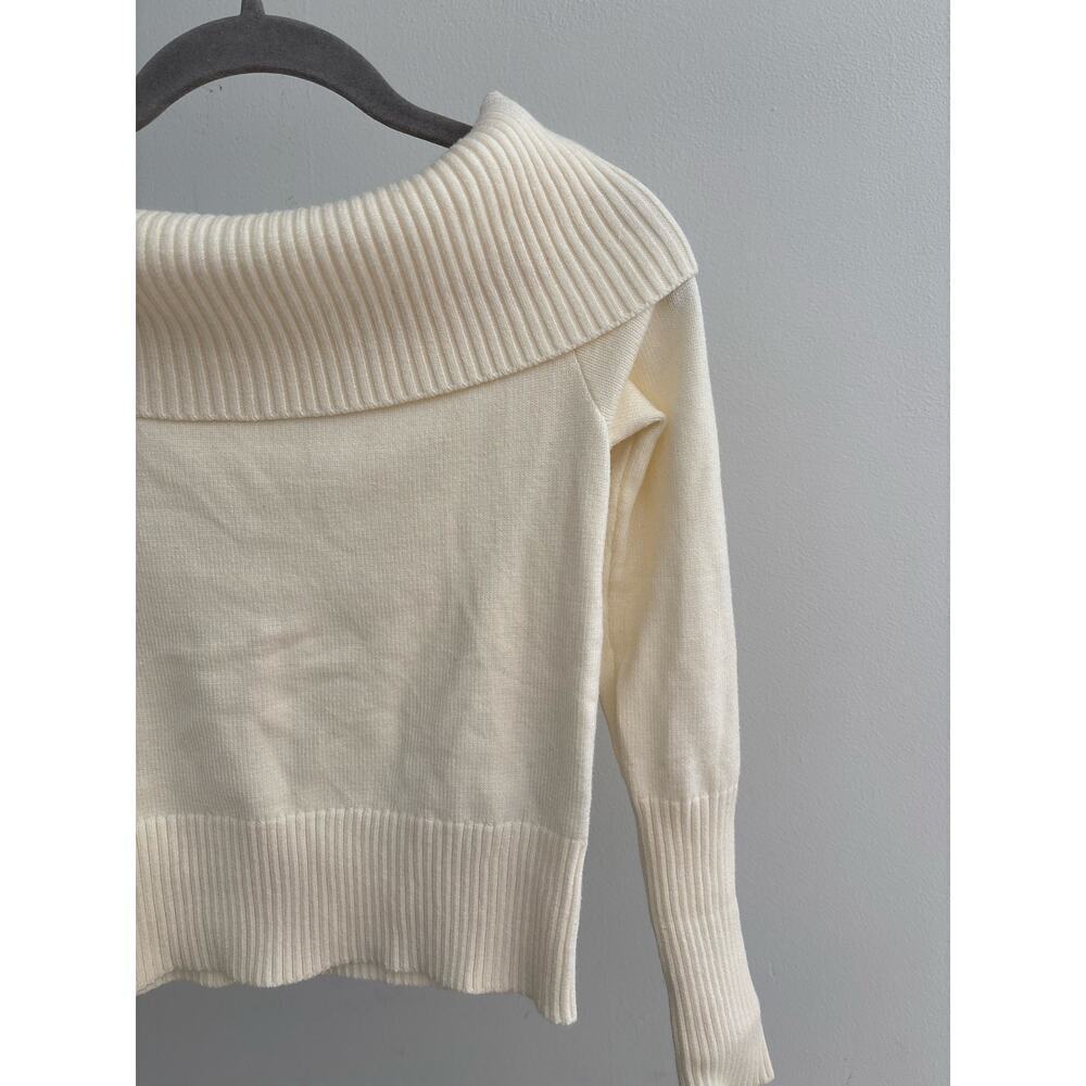 Women’s Ivory Off Shoulder Sweater Ribbed Foldover Cowl Neck Knit Pullover - Picture 5 of 10